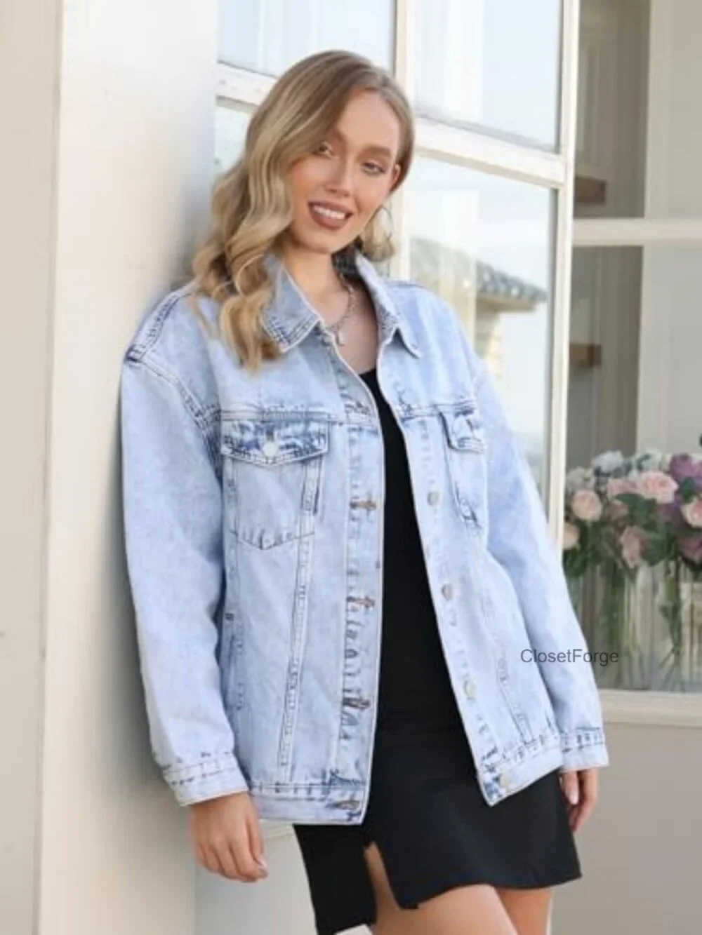 Oversized Long Sleeve Denim Jacket with Pockets Relaxed Fit Boyfriend Style Coat
